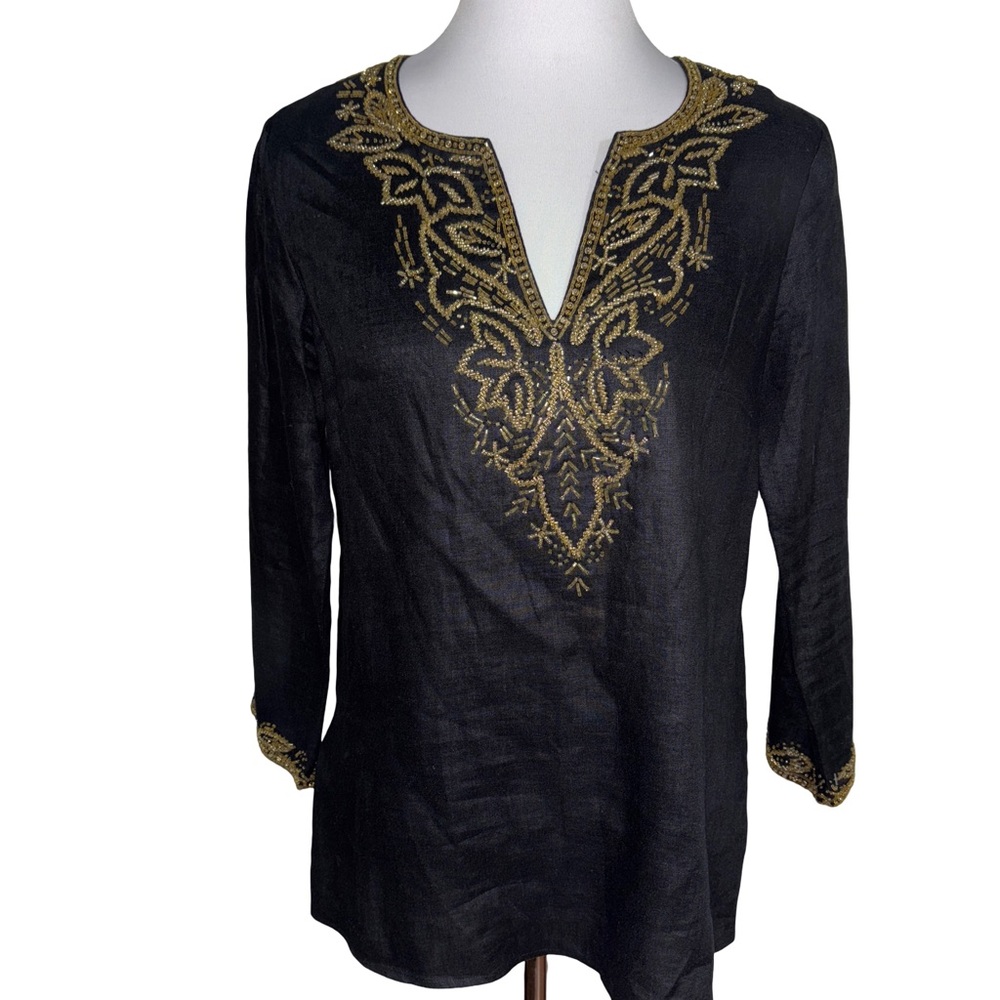Michael Kors Black Linen Tunic Gold Embroidery
